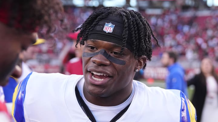 Jan 7, 2024; Santa Clara, California, USA; Los Angeles Rams cornerback Tre Tomlinson (6) after the game against the San Francisco 49ers at Levi's Stadium. Mandatory Credit: Darren Yamashita-Imagn Images