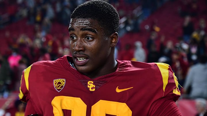 Oct 30, 2021; Los Angeles, California, USA; Southern California Trojans linebacker Drake Jackson (99) following the victory against the Arizona Wildcats at United Airlines Field at Los Angeles Memorial Coliseum. Mandatory Credit: Gary A. Vasquez-USA TODAY Sports