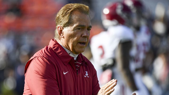 Nov 25, 2023; Auburn, Alabama, USA;  Alabama Crimson Tide head coach Nick Saban encourages Alabama