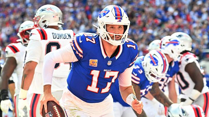 Oct 4, 2026; Orchard Park, New York, USA;  Buffalo Bills quarterback Josh Allen (17) celebrates after scoring a touchdown during the second quarter against the New England Patriots