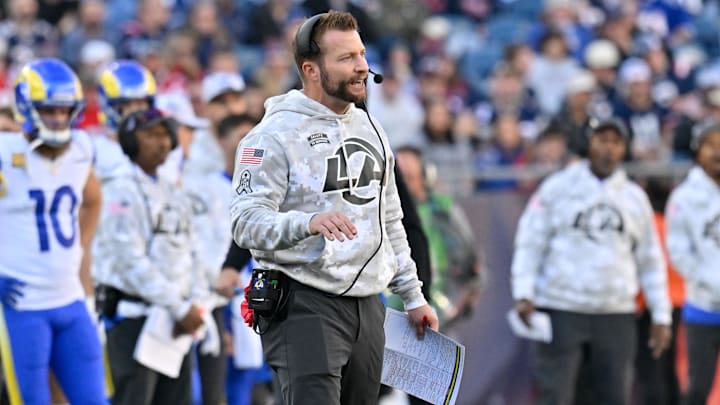 Nov 17, 2024; Foxborough, Massachusetts, USA; Los Angeles Rams head coach Sean McVay looks on from the sideline during the first half against the New England Patriots at Gillette Stadium. Mandatory Credit: Eric Canha-Imagn Images