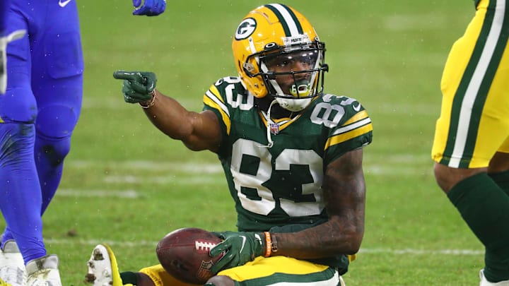 Jan 16, 2021; Green Bay, Wisconsin, USA; Green Bay Packers wide receiver Marquez Valdes-Scantling (83) reacts against the Los Angeles Rams during the NFC Divisional Round at Lambeau Field. Mandatory Credit: Mark J. Rebilas-Imagn Images Jan 16, 2021; Green Bay, Wisconsin, USA; Green Bay Packers wide receiver Marquez Valdes-Scantling (83) reacts against the Los Angeles Rams during the NFC Divisional Round at Lambeau Field. Mandatory Credit: Mark J. Rebilas-Imagn Images