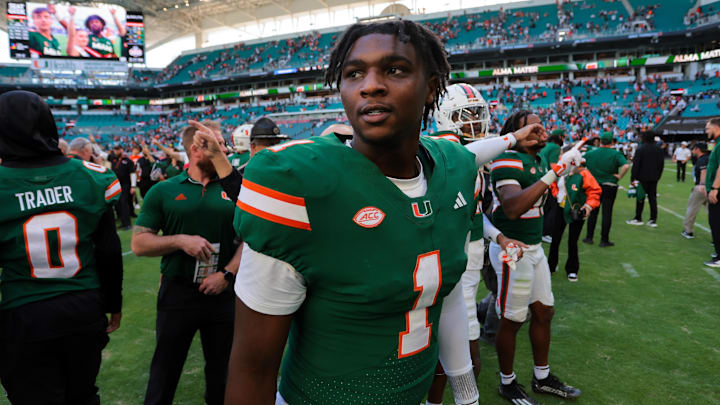 Nov 23, 2024; Miami Gardens, Florida, USA; Miami Hurricanes quarterback Cam Ward (1) looks on from the field after the game against the Wake Forest Demon Deacons at Hard Rock Stadium. Mandatory Credit: Sam Navarro-Imagn Images