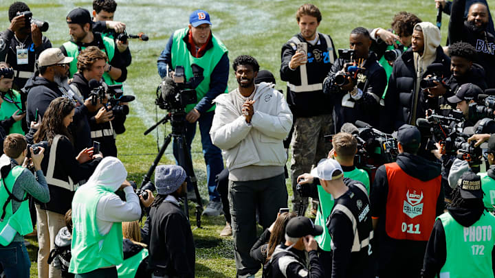 Shedeur Sanders during his number retirement ceremony before the spring game at Folsom Field. He’ll wear a new number in Cleveland. 
