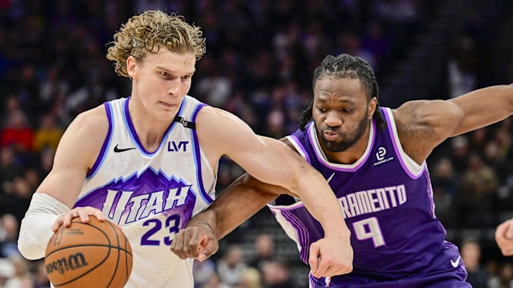 Feb 11, 2026; Salt Lake City, Utah, USA; Utah Jazz forward/center Lauri Markkanen (23) makes a quick move around Sacramento Kings forward Precious Achiuwa (9) during the second half at Delta Center. Mandatory Credit: Peter Creveling-Imagn Images Feb 11, 2026; Salt Lake City, Utah, USA; Utah Jazz forward/center Lauri Markkanen (23) makes a quick move around Sacramento Kings forward Precious Achiuwa (9) during the second half at Delta Center. Mandatory Credit: Peter Creveling-Imagn Images