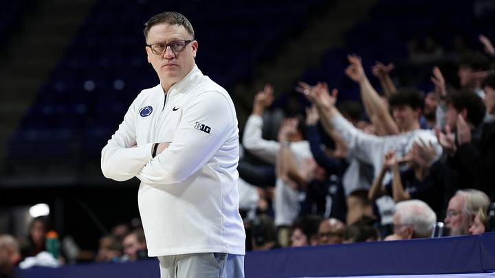 Penn State Nittany Lions men's basketball coach Mike Rhoades looks toward the bench against the Ohio State Buckeyes at Bryce Jordan Center. 