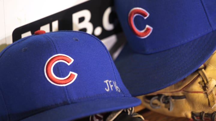 Sep 26, 2016; Pittsburgh, PA, USA; A detail view of a tribute to Miami Marlin pitcher Jose Fernandez on the hat worn by Chicago Cubs center fielder Albert Almora Jr. (not pictured) against the Pittsburgh Pirates at PNC Park. Mandatory Credit: Charles LeClaire-Imagn Images