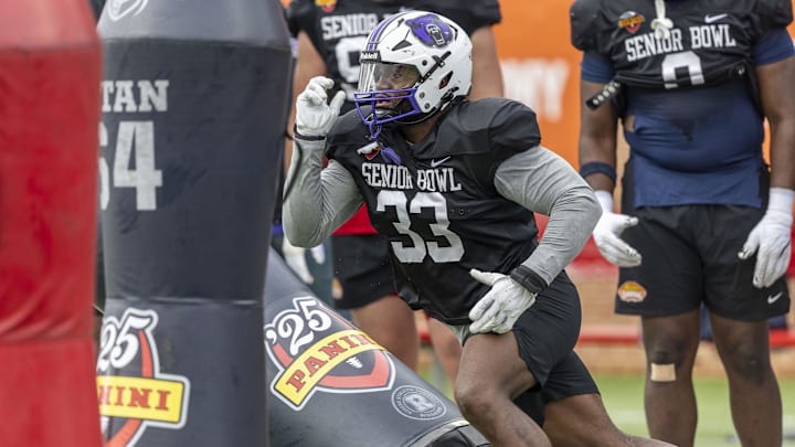 Jan 30, 2025; Mobile, AL, USA; National team defensive lineman David Walker of Central Arkansas (33) works through drills during Senior Bowl practice for the National team at Hancock Whitney Stadium. 