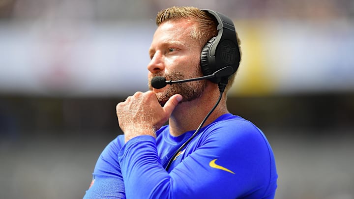 Aug 11, 2024; Inglewood, California, USA; Los Angeles Rams head coach Sean McVay watches game action against the Dallas Cowboys during the first half at SoFi Stadium.