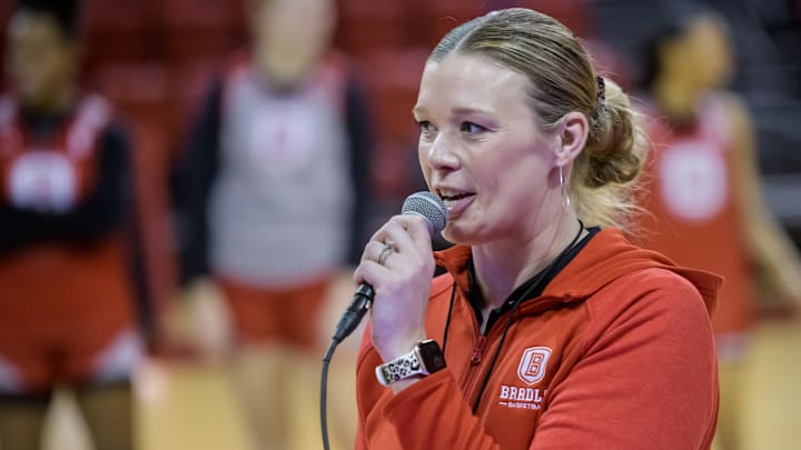 Bradley head coach Kate Popovec-Goss introduces the Bradley women's basketball team during the Red-White Scrimmage on Saturday, Oct. 21, 2023 at Renaissance Coliseum.
