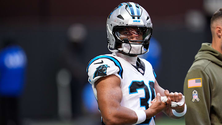 Nov 16, 2025; Atlanta, Georgia, USA; Carolina Panthers running back Chuba Hubbard (30) warms up before the game against the Atlanta Falcons at Mercedes-Benz Stadium. Nov 16, 2025; Atlanta, Georgia, USA; Carolina Panthers running back Chuba Hubbard (30) warms up before the game against the Atlanta Falcons at Mercedes-Benz Stadium.