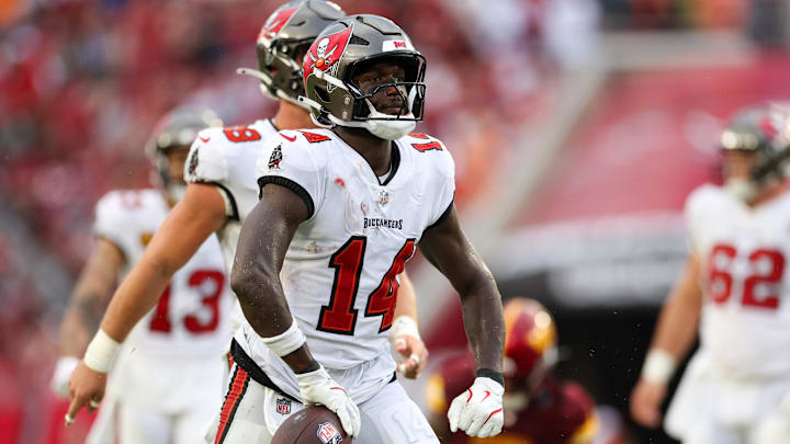 Sep 8, 2024; Tampa, Florida, USA; Tampa Bay Buccaneers wide receiver Chris Godwin (14) reacts after a play against the Washington Commanders in the fourth quarter at Raymond James Stadium. Mandatory Credit: Nathan Ray Seebeck-Imagn Images