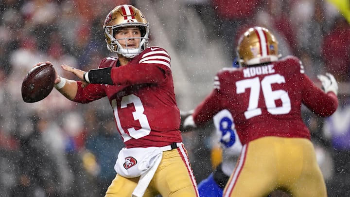 Dec 12, 2024; Santa Clara, California, USA; San Francisco 49ers quarterback Brock Purdy (13) throws a pass against the Los Angeles Rams in the second quarter at Levi's Stadium. Mandatory Credit: Cary Edmondson-Imagn Images
