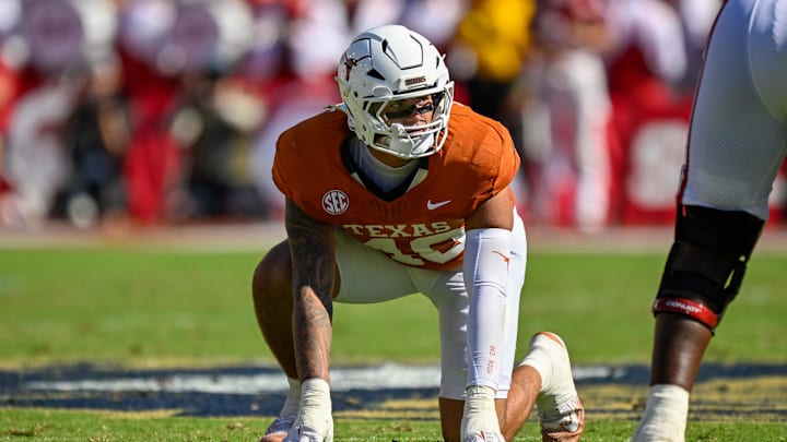 Oct 11, 2025; Dallas, Texas, USA; Texas Longhorns defensive end Lance Jackson (40) during the game between the Texas Longhorns and the Oklahoma Sooners at the Cotton Bowl. Mandatory Credit: Jerome Miron-Imagn Images
