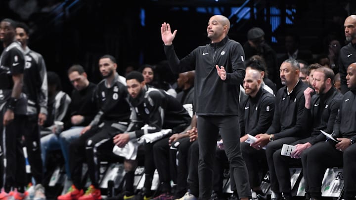 Dec 1, 2024; Brooklyn, New York, USA; Brooklyn Nets head coach Jordi Fernandez reacts during the first half against the Orlando Magic at Barclays Center. Mandatory Credit: John Jones-Imagn Images
