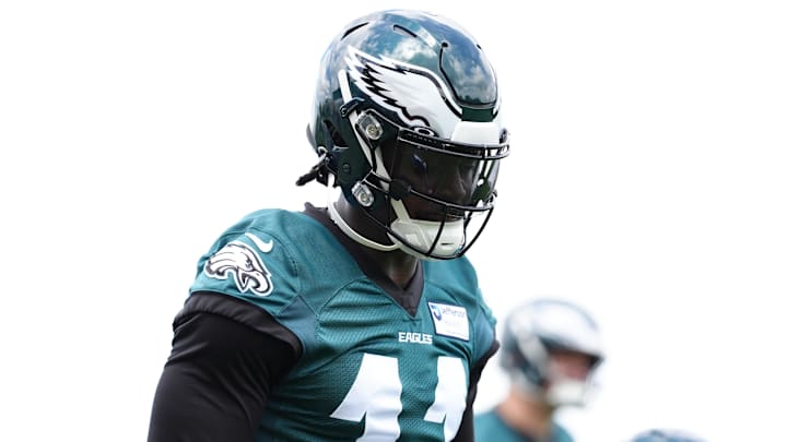 Jun 10, 2025; Philadelphia, PA, USA; Philadelphia Eagles wide receiver A.J. Brown (11) warms up at NovaCare Complex.