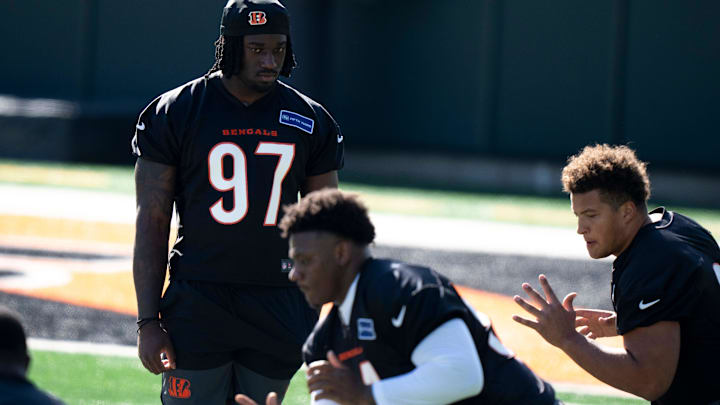 Bengals defensive end Shemar Stewart looks on during the Bengals Rookie Mini Camp on Friday, May 9, 2025 at Paycor Stadium in Cincinnati.