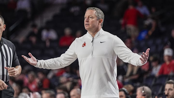 Nov 9, 2025; Athens, Georgia, USA; Georgia Bulldogs head coach Mike White reacts to the action against the Morehead State Eagles during the second half at Stegeman Coliseum. Mandatory Credit: Dale Zanine-Imagn Images