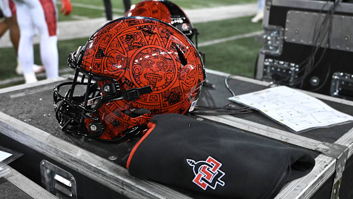 Sep 6, 2025; Pullman, Washington, USA; San Diego State Aztecs helmet sits during a game against the Washington State Cougars in the first half at Gesa Field at Martin Stadium. 