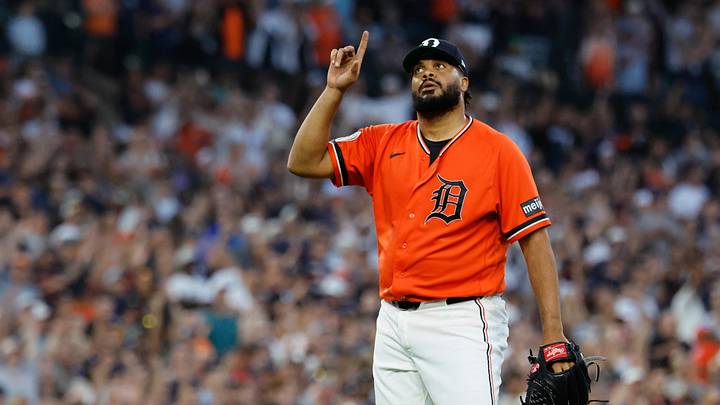 Detroit Tigers pitcher Kenley Jansen celebrates.