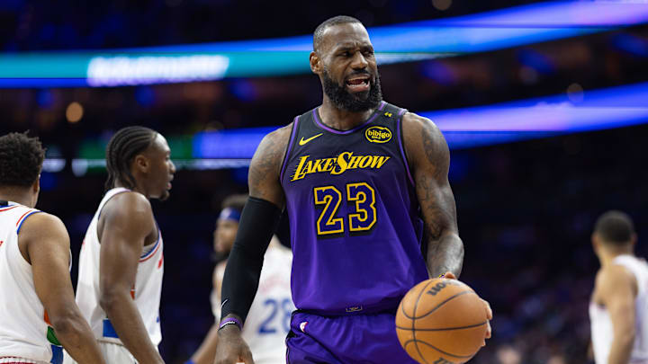 Jan 28, 2025; Los Angeles Lakers forward LeBron James reacts after a play during the first quarter against the Philadelphia 76ers.