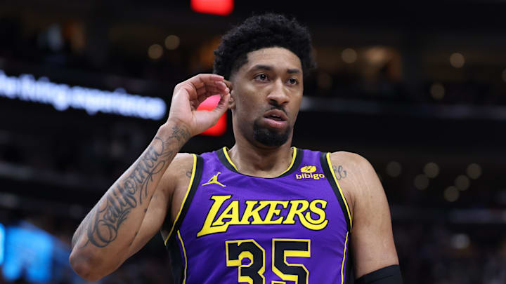 Jan 13, 2024; Salt Lake City, Utah, USA; Los Angeles Lakers forward Christian Wood (35) reacts to a play against the Utah Jazz during the second quarter at Delta Center. Mandatory Credit: Rob Gray-Imagn Images