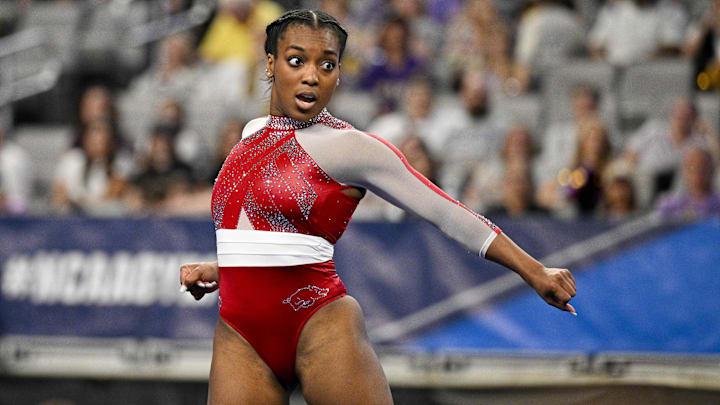 University of Arkansas Razorbacks gymnast Frankie Price performs on floor exercise during the 2024 NCAA Women's National Gymnastics Semifinals at Dickies Arena. University of Arkansas Razorbacks gymnast Frankie Price performs on floor exercise during the 2024 NCAA Women's National Gymnastics Semifinals at Dickies Arena.