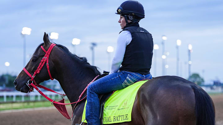 Kentucky Derby 151 contender Coal Battle prepares to train at Churchill Downs on Monday morning, April 21, 2025. The horse has earned $1,188,875 so far in his career. Coal Battle placed third in the Grade 1 Arkansas Derby on March 29 at Oaklawn Park. 