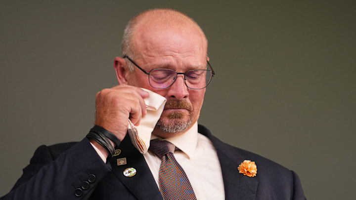 Jul 27, 2025; Cooperstown, NY, USA; Hall of Fame inductee Billy Wagner shows emotion as Baseball commissioner Rob Manfred (not pictured) reads his Baseball Hall of Fame plaque inscription during the Baseball Hall of Fame Induction Ceremony at the Clark Sports Center. 