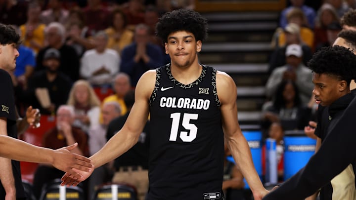 Jan 3, 2026; Tempe, Arizona, USA; Colorado Buffaloes guard Felix Kossaras (15) against the Arizona State Sun Devils at Desert Financial Arena. Mandatory Credit: Mark J. Rebilas-Imagn Images
