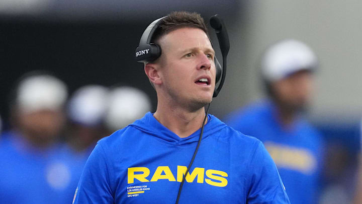 Aug 16, 2025; Inglewood, California, USA; Los Angeles Rams offensive coordinator Mike LaFleur reacts against the Los Angeles Chargers in the second half at SoFi Stadium. Mandatory Credit: Kirby Lee-Imagn Images