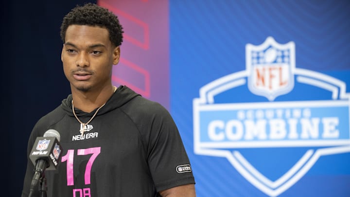 Michigan defensive back Will Johnson (DB17) during the 2025 NFL Combine at Lucas Oil Stadium.