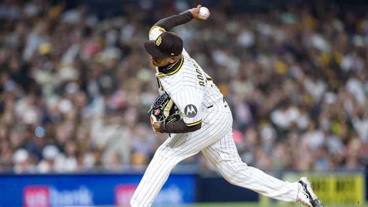 May 31, 2025; San Diego, California, USA; San Diego Padres relief pitcher Bradgley Rodriguez (72) throws a pitch during the seventh inning against the Pittsburgh Pirates at Petco Park. Mandatory Credit: David Frerker-Imagn Images