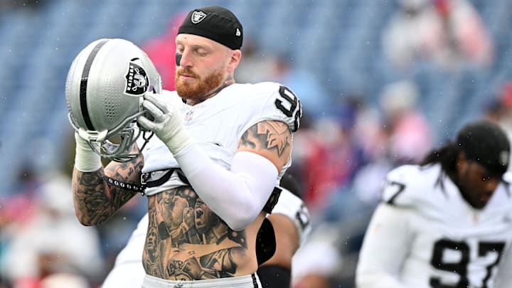 Las Vegas Raiders defensive end Maxx Crosby practices before the game against the New England Patriots at Gillette Stadium. 