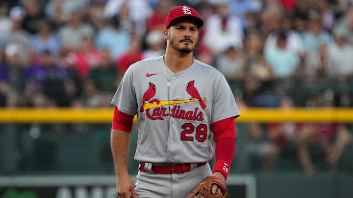 Aug 9, 2022; Denver, Colorado, USA; St. Louis Cardinals third baseman Nolan Arenado (28) during the first inning against the Colorado Rockies at Coors Field. Mandatory Credit: Ron Chenoy-Imagn Images Aug 9, 2022; Denver, Colorado, USA; St. Louis Cardinals third baseman Nolan Arenado (28) during the first inning against the Colorado Rockies at Coors Field. Mandatory Credit: Ron Chenoy-Imagn Images