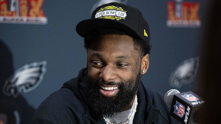 Feb 4, 2025; New Orleans, LA, USA; Philadelphia Eagles linebacker Josh Sweat speaks with the media during a press conference at Hilton New Orleans Riverside. Mandatory Credit: Bill Streicher-Imagn Images
