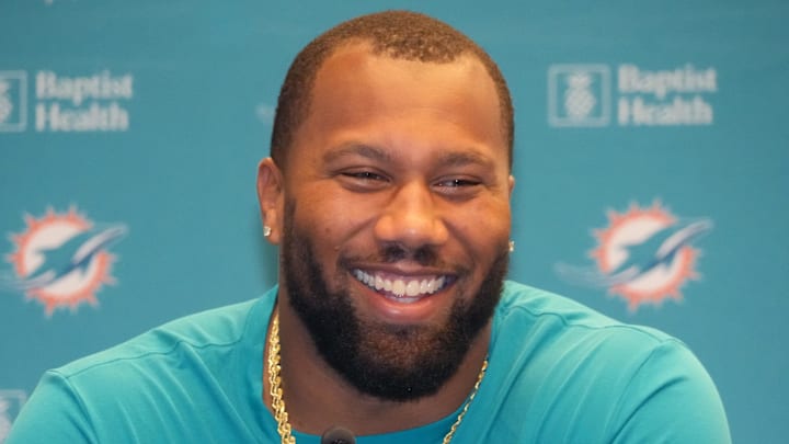 Miami Dolphins linebacker Bradley Chubb at press conference at Estadio Riyadh Air Metropolitano