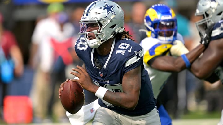 Dallas Cowboys quarterback Joe Milton III looks to pass during the first half against the Los Angeles Rams.