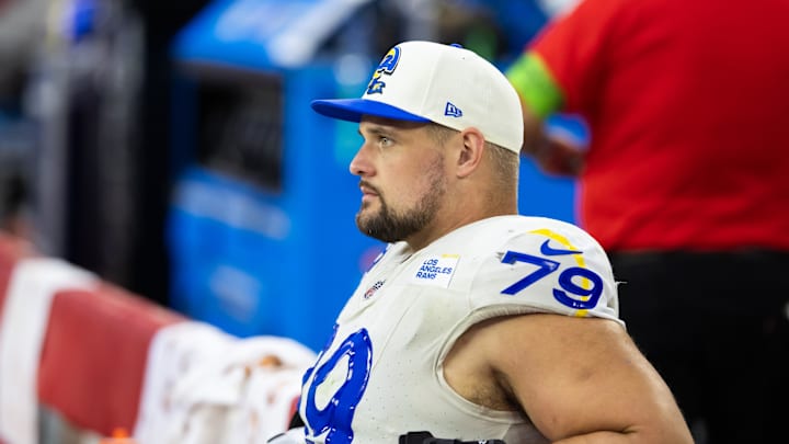 Nov 26, 2023; Glendale, Arizona, USA; Los Angeles Rams offensive tackle Rob Havenstein (79) against the Arizona Cardinals at State Farm Stadium. Mandatory Credit: Mark J. Rebilas-Imagn Images