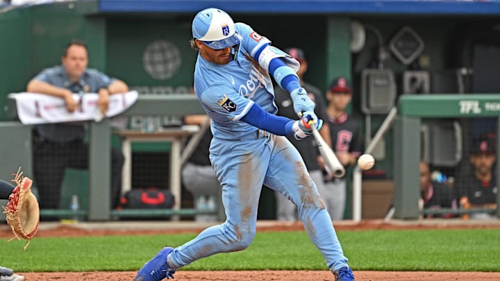 Mar 29, 2025; Kansas City, Missouri, USA; Kansas City Royals shortstop Bobby Witt Jr. (7) hits an RBI double in the seventh inning against the Cleveland Guardians at Kauffman Stadium. Mandatory Credit: Peter Aiken-Imagn Images Mar 29, 2025; Kansas City, Missouri, USA; Kansas City Royals shortstop Bobby Witt Jr. (7) hits an RBI double in the seventh inning against the Cleveland Guardians at Kauffman Stadium. Mandatory Credit: Peter Aiken-Imagn Images