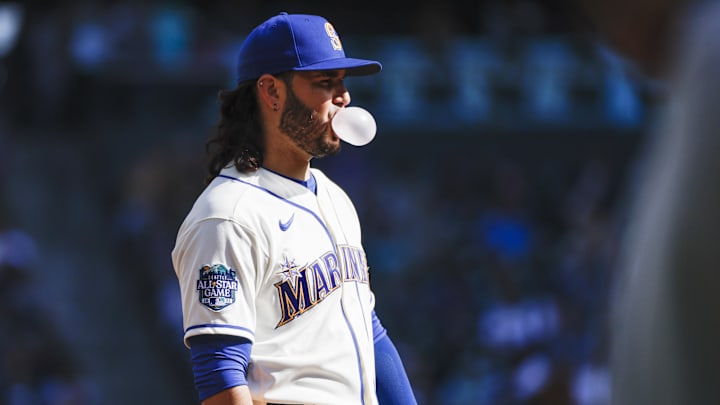 Seattle Mariners third baseman Eugenio Suarez looks on during a game against the Texas Rangers on Oct. 1, 2023, at T-Mobile Park.