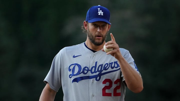 Jul 30, 2022; Denver, Colorado, USA; Los Angeles Dodgers starting pitcher Clayton Kershaw (22)