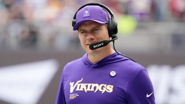 Oct 5, 2025; Tottenham, United Kingdom; Minnesota Vikings head coach Kevin O'Connell reacts after a play against the Cleveland Browns during the second quarter of an NFL International Series game at Tottenham Hotspur Stadium.