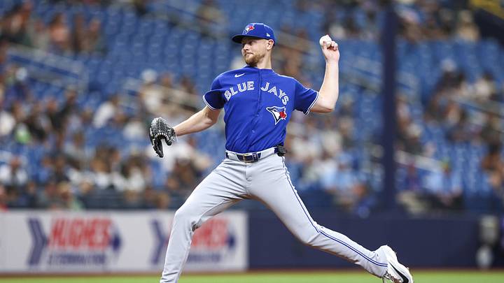 May 4, 2026; St. Petersburg, Florida, USA; Toronto Blue Jays starting pitcher Eric Lauer (56) throws a pitch against the Tampa Bay Rays in the third inning at Tropicana Field. Mandatory Credit: Nathan Ray Seebeck-Imagn Images May 4, 2026; St. Petersburg, Florida, USA; Toronto Blue Jays starting pitcher Eric Lauer (56) throws a pitch against the Tampa Bay Rays in the third inning at Tropicana Field. Mandatory Credit: Nathan Ray Seebeck-Imagn Images
