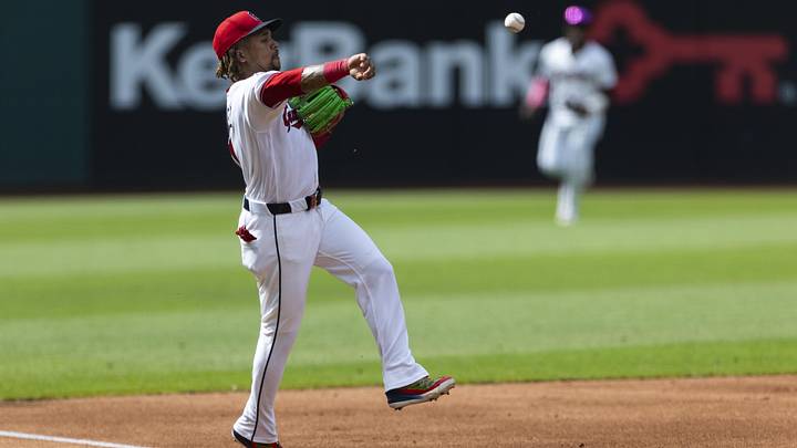 Jun 13, 2026: Cleveland Guardians third baseman José Ramírez (11) completes a throw to first base against the Detroit Tigers for the third out of the first inning at Progressive Field.