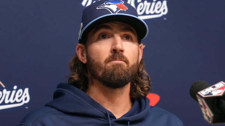 Oct 29, 2025; Los Angeles, California, USA; Toronto Blue Jays pitcher Kevin Gausman (34) speaks in a press conference before game five of the 2025 MLB World Series against the Los Angeles Dodgers at Dodger Stadium. 