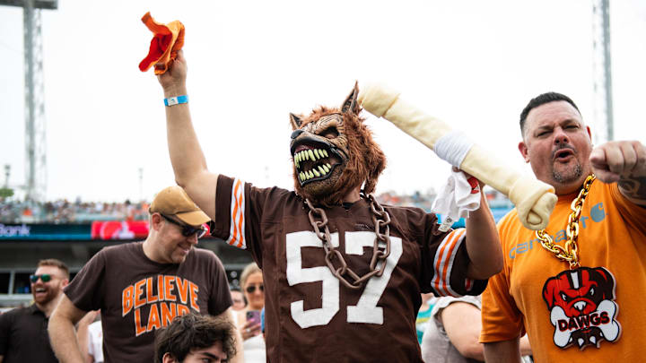 Sep 15, 2024; Jacksonville, Florida, USA; Cleveland Brown fans before a game against the Jacksonville Jaguars at EverBank Stadium. Mandatory Credit: Jeremy Reper-Imagn Images