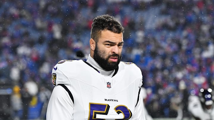 Jan 19, 2025; Orchard Park, New York, USA; Baltimore Ravens linebacker Kyle Van Noy (53) looks on during the first quarter against the Buffalo Bills in a 2025 AFC divisional round game at Highmark Stadium. Mandatory Credit: Mark Konezny-Imagn Images