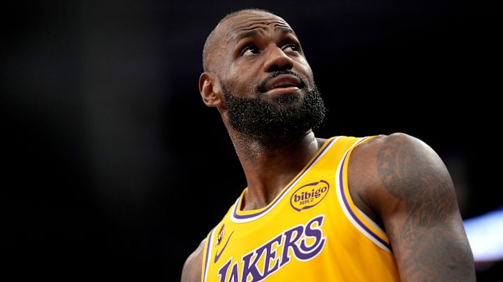 Jan 12, 2026; Sacramento, California, USA; Los Angeles Lakers forward LeBron James (23) walks towards the team bench during a break in the action against the Sacramento Kings in the third quarter at the Golden 1 Center. Mandatory Credit: Cary Edmondson-Imagn Images