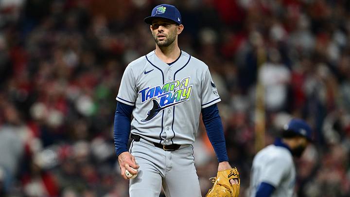 Oct 17, 2026; Cleveland, Ohio, USA; Tampa Bay Rays starting pitcher Nick Martinez (28) reacts after walking Cleveland Guardians infielder Travis Bazzana (not pictured) during the fifth inning in game four of the ALCS for the 2026 MLB Playoffs at Progressive Field. Mandatory Credit: David Dermer-Imagn Images Oct 17, 2026; Cleveland, Ohio, USA; Tampa Bay Rays starting pitcher Nick Martinez (28) reacts after walking Cleveland Guardians infielder Travis Bazzana (not pictured) during the fifth inning in game four of the ALCS for the 2026 MLB Playoffs at Progressive Field. Mandatory Credit: David Dermer-Imagn Images